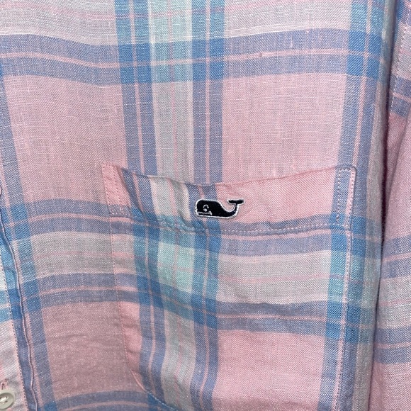 Vineyard Vines Classic Fit Tucker Shirt 100% Linen Pink And Blue Plaid Size L - Picture 3 of 7